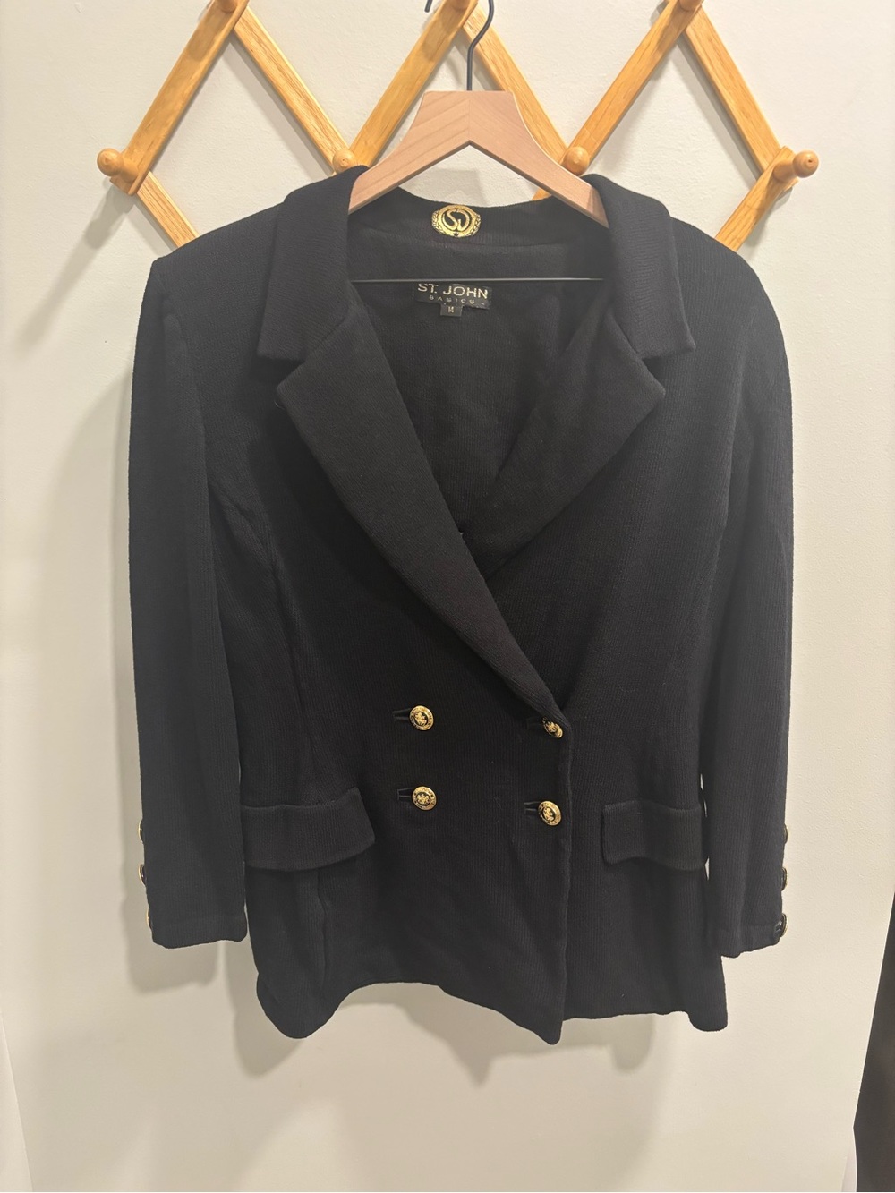 Vintage St. John Black Double-Breasted Knit Blazer with Gold Buttons